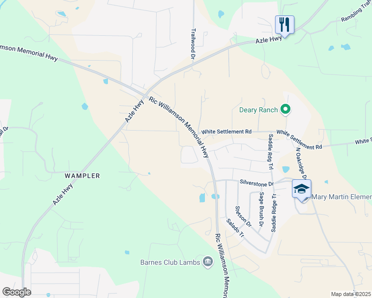 map of restaurants, bars, coffee shops, grocery stores, and more near 525 Meadow Vista Circle in Weatherford