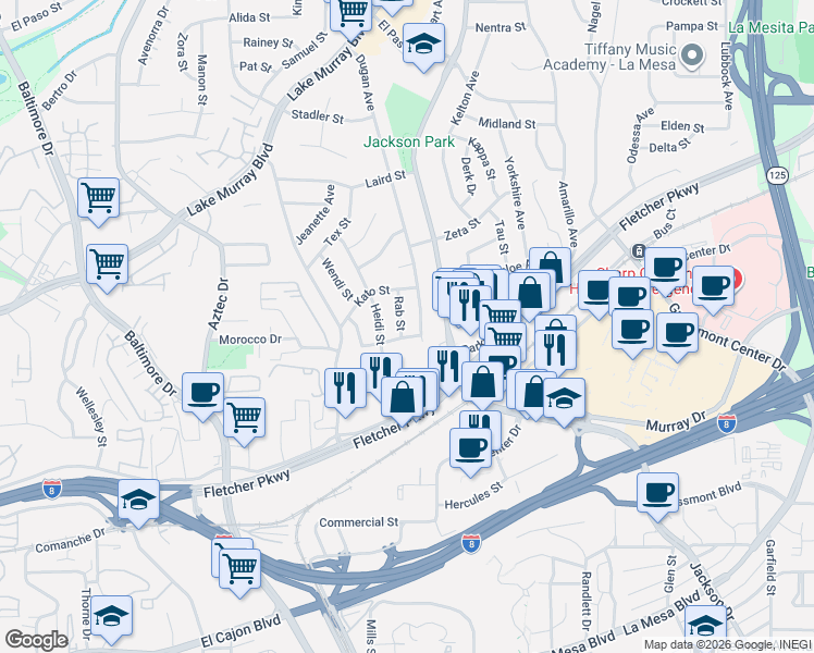 map of restaurants, bars, coffee shops, grocery stores, and more near 5535 Dugan Avenue in La Mesa