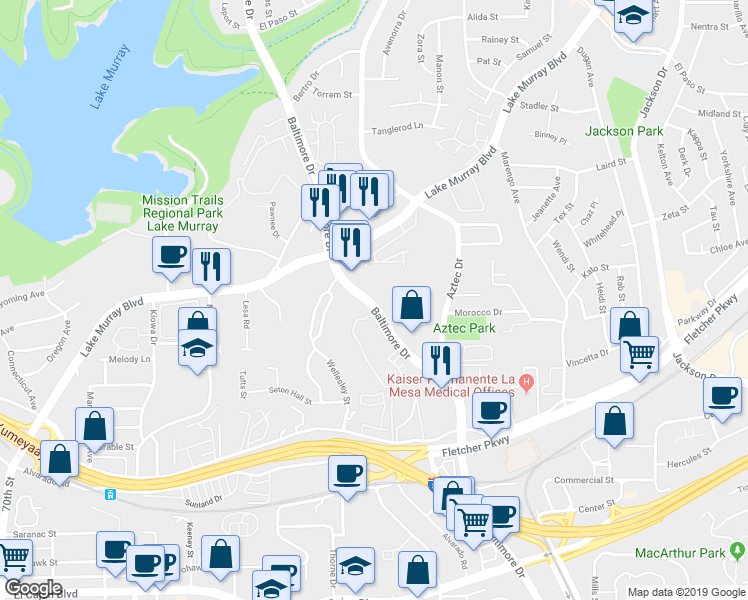 map of restaurants, bars, coffee shops, grocery stores, and more near 5455 Baltimore Drive in La Mesa