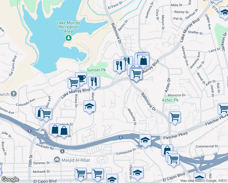 map of restaurants, bars, coffee shops, grocery stores, and more near 5575 Shasta Lane in La Mesa