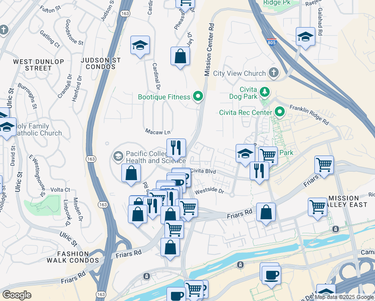 map of restaurants, bars, coffee shops, grocery stores, and more near 5785 Mission Center Road in San Diego