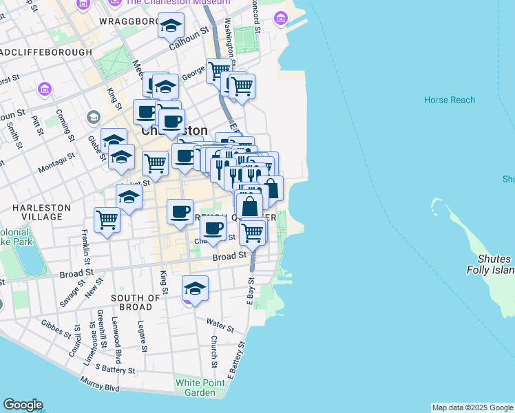 map of restaurants, bars, coffee shops, grocery stores, and more near 191 East Bay Street in Charleston
