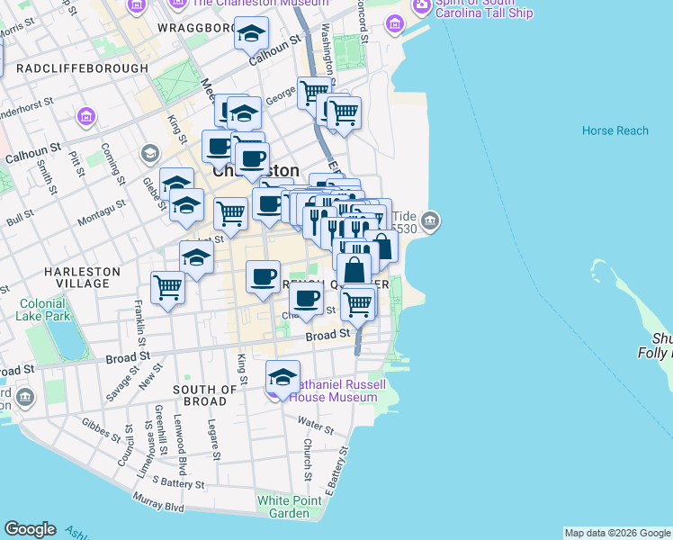 map of restaurants, bars, coffee shops, grocery stores, and more near 191 East Bay Street in Charleston