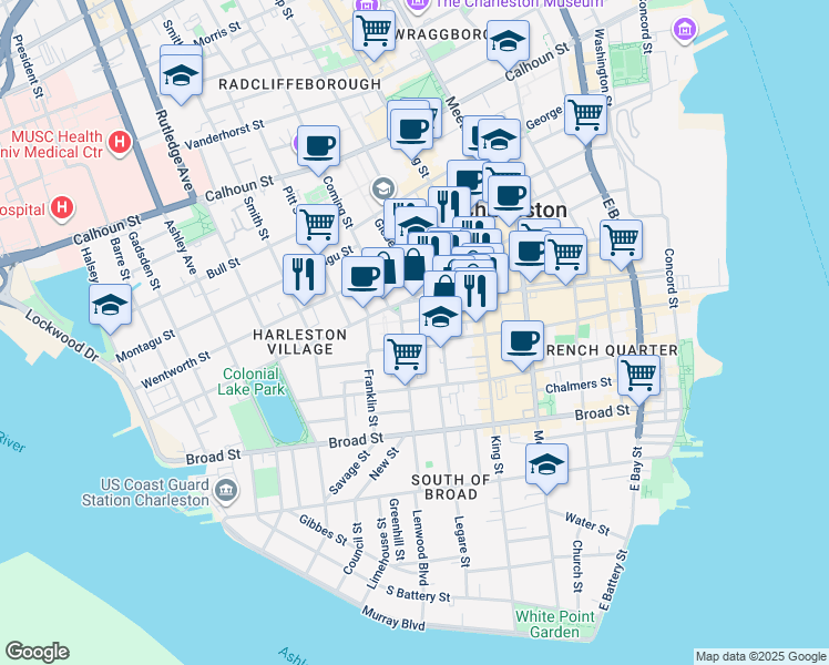 map of restaurants, bars, coffee shops, grocery stores, and more near 129 Logan Street in Charleston