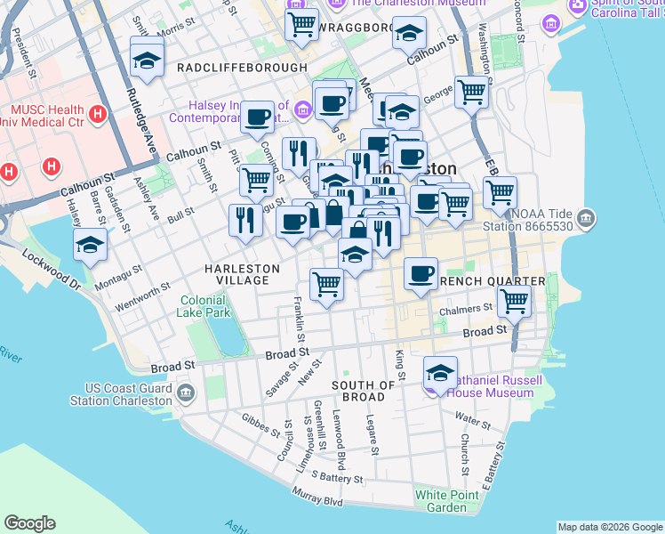 map of restaurants, bars, coffee shops, grocery stores, and more near 129 Logan Street in Charleston