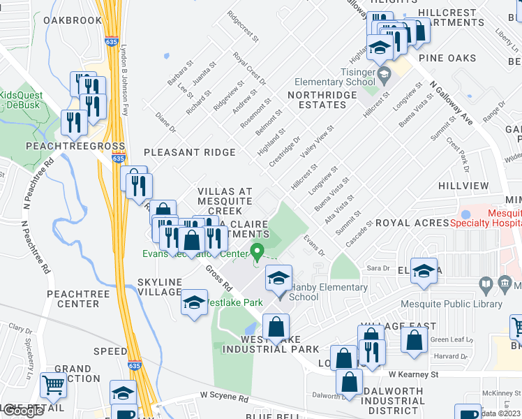 map of restaurants, bars, coffee shops, grocery stores, and more near 1221 Hillcrest Street in Mesquite