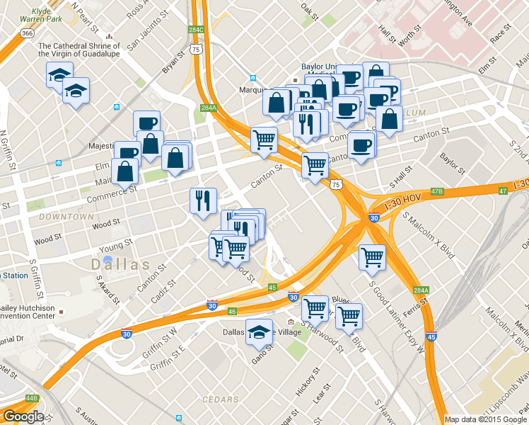 map of restaurants, bars, coffee shops, grocery stores, and more near Dallas North Tollway in Dallas