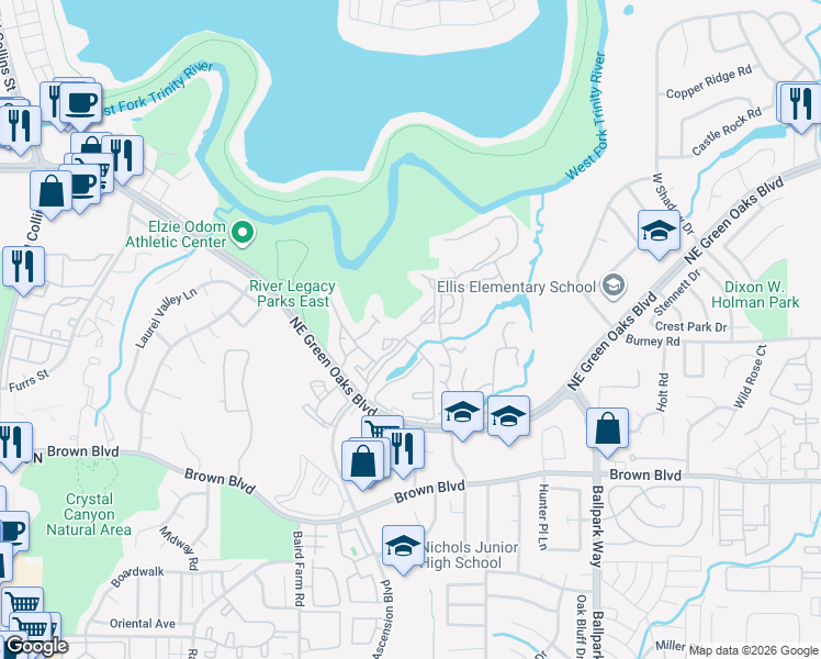map of restaurants, bars, coffee shops, grocery stores, and more near 2647 Verandah Lane in Arlington