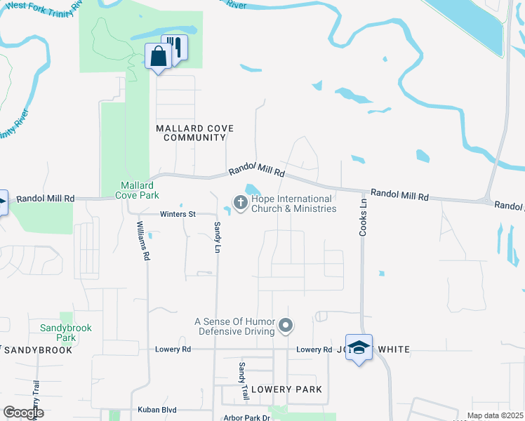 map of restaurants, bars, coffee shops, grocery stores, and more near 204 Ridgeland Oak Drive in Fort Worth