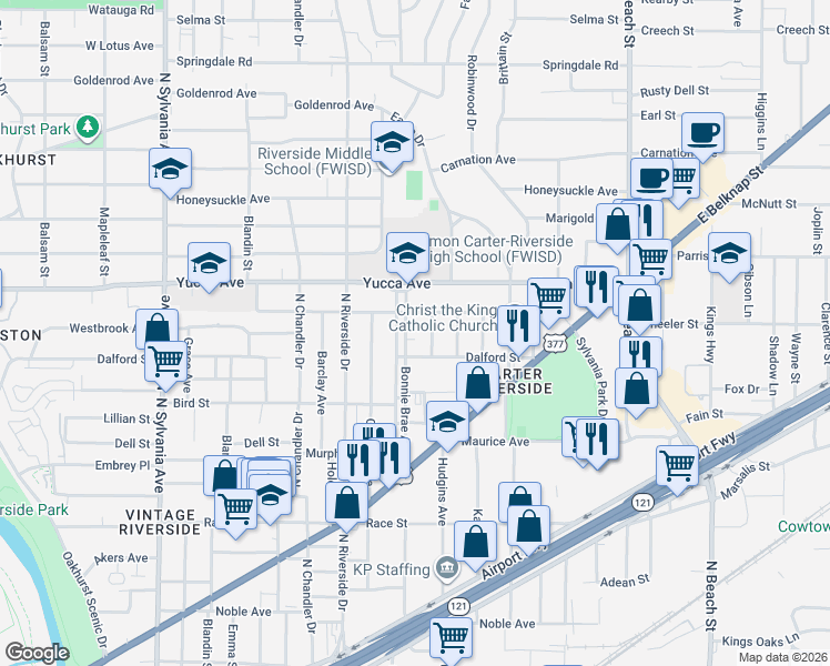 map of restaurants, bars, coffee shops, grocery stores, and more near 1122 Bonnie Brae Avenue in Fort Worth
