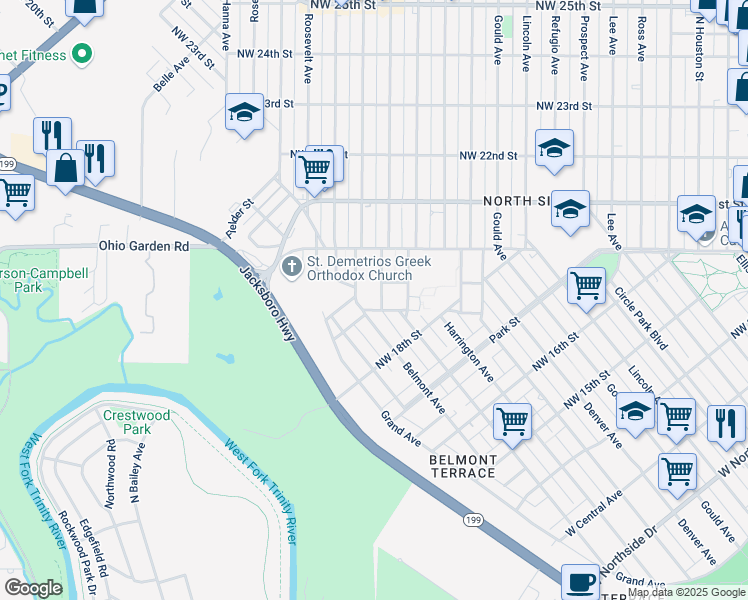 map of restaurants, bars, coffee shops, grocery stores, and more near 1908 Columbus Avenue in Fort Worth
