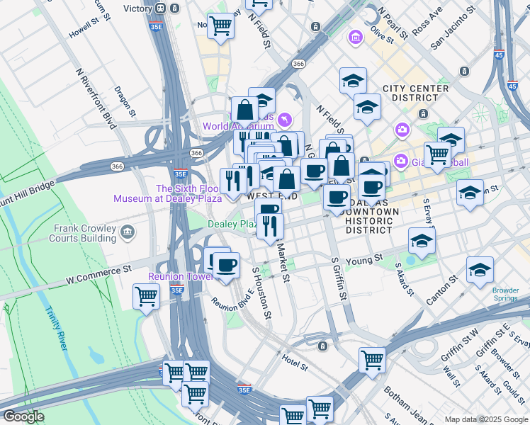 map of restaurants, bars, coffee shops, grocery stores, and more near 198 North Record Street in Dallas