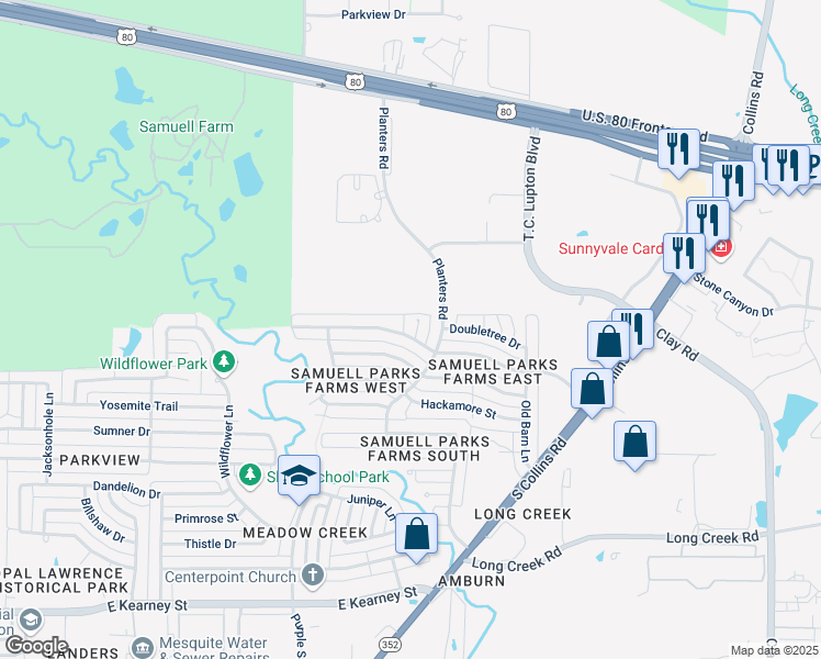map of restaurants, bars, coffee shops, grocery stores, and more near 1501 Wheatfield Court in Mesquite