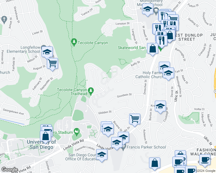 map of restaurants, bars, coffee shops, grocery stores, and more near 6426 Caminito Listo in San Diego