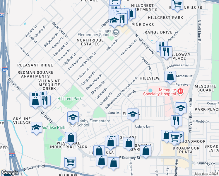 map of restaurants, bars, coffee shops, grocery stores, and more near 1420 Summit Street in Mesquite