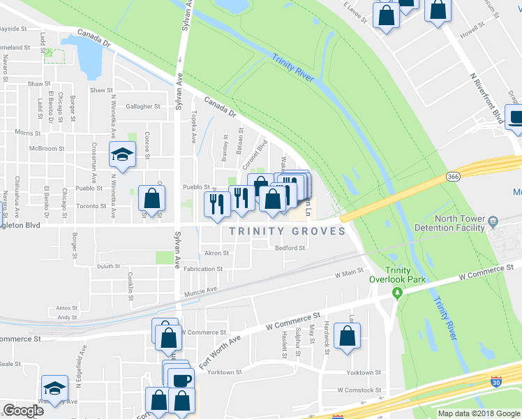 map of restaurants, bars, coffee shops, grocery stores, and more near 423 Singleton Boulevard in Dallas