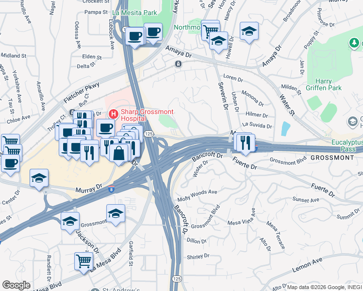 map of restaurants, bars, coffee shops, grocery stores, and more near Kumeyaay Hwy in La Mesa