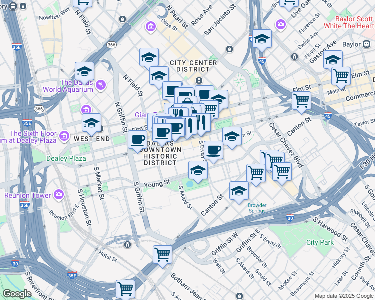 map of restaurants, bars, coffee shops, grocery stores, and more near 1500 Jackson Street in Dallas