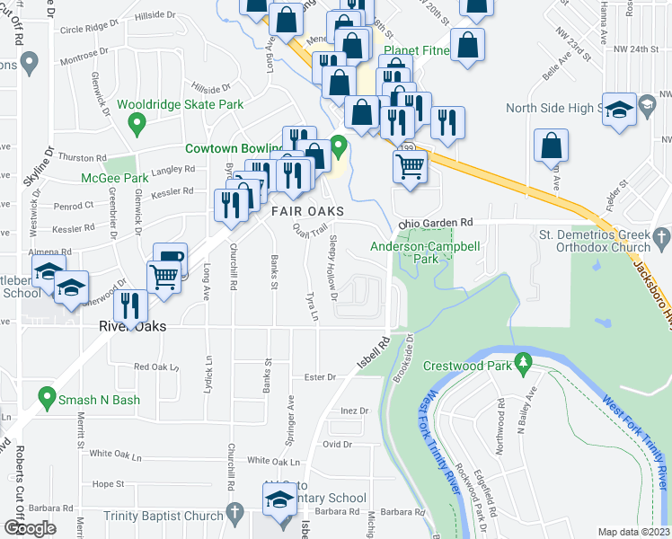 map of restaurants, bars, coffee shops, grocery stores, and more near 1170 Sleepy Hollow Drive in Fort Worth