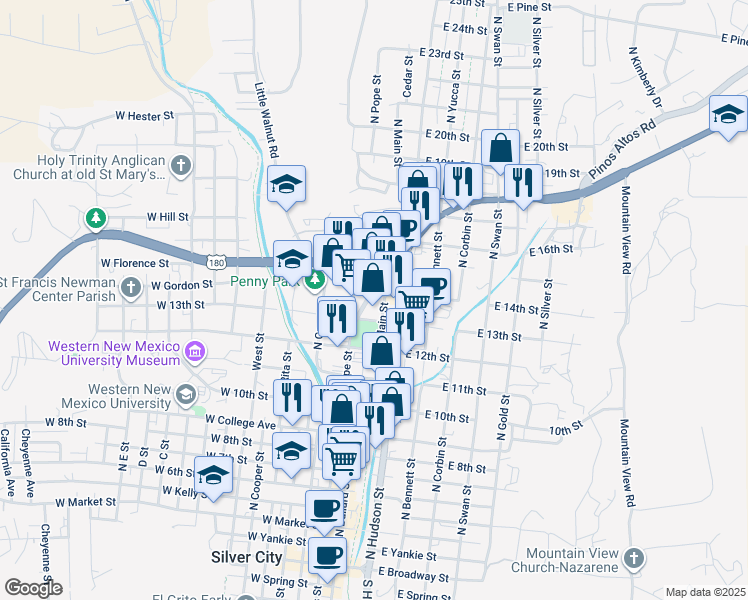 map of restaurants, bars, coffee shops, grocery stores, and more near 310 East 14th Street in Silver City
