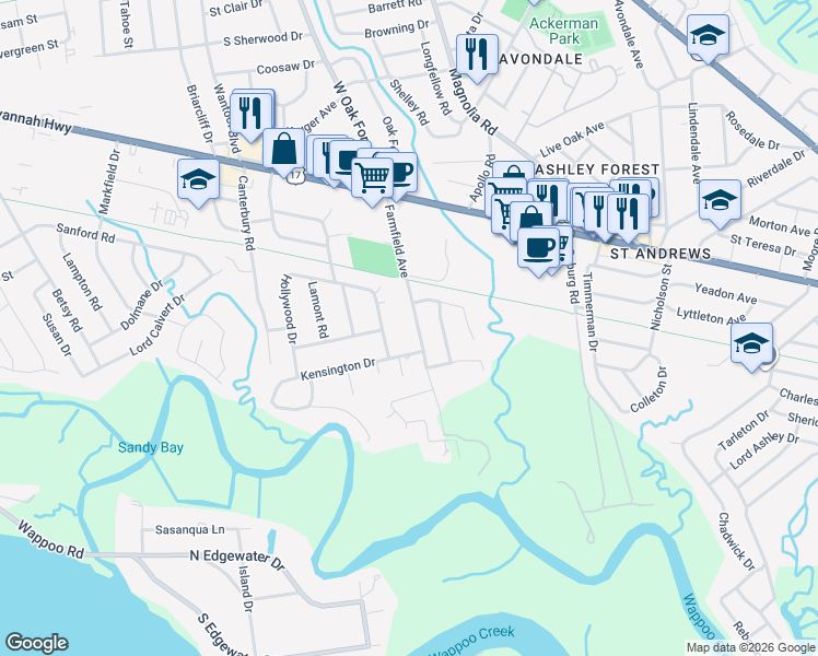 map of restaurants, bars, coffee shops, grocery stores, and more near 31 Farmfield Avenue in Charleston