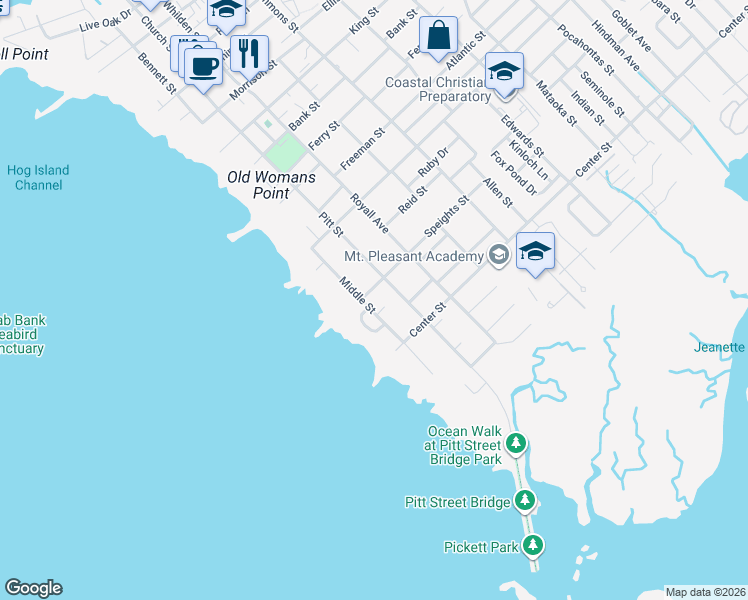 map of restaurants, bars, coffee shops, grocery stores, and more near 208 Middle Street in Mount Pleasant