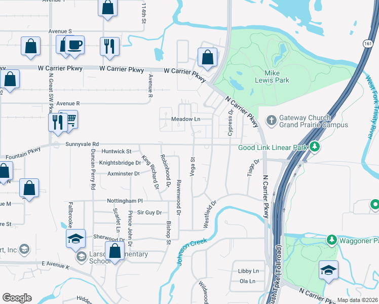 map of restaurants, bars, coffee shops, grocery stores, and more near 2341 Vega Street in Grand Prairie