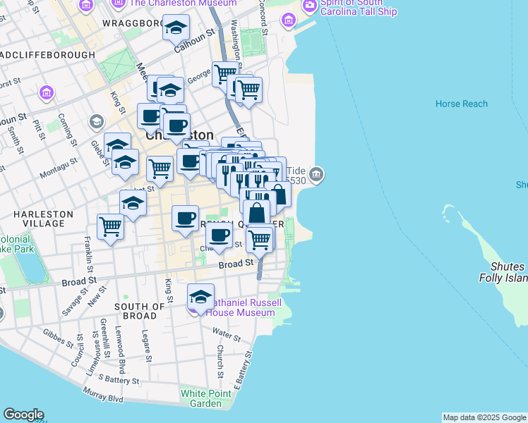 map of restaurants, bars, coffee shops, grocery stores, and more near 191 East Bay Street in Charleston