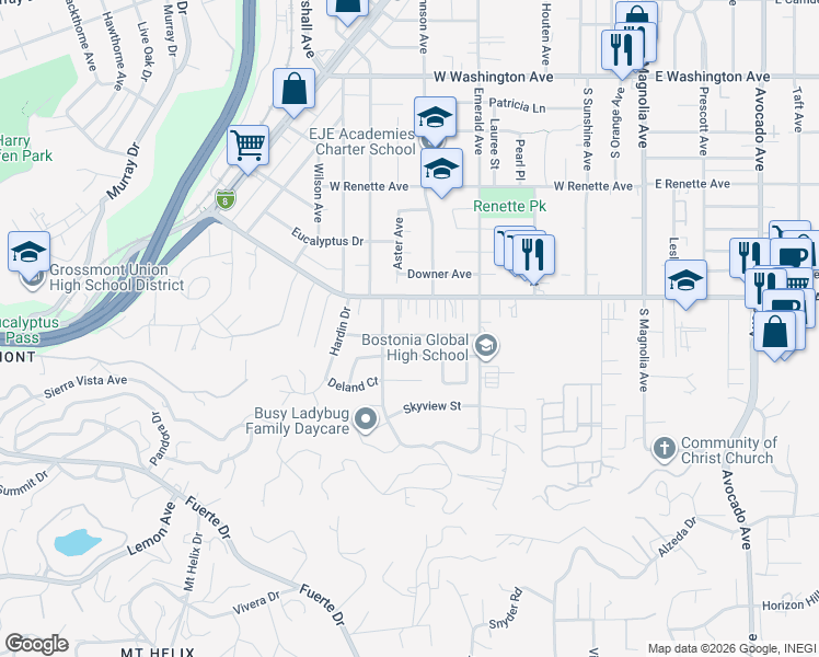 map of restaurants, bars, coffee shops, grocery stores, and more near 744 Laguna Avenue in El Cajon