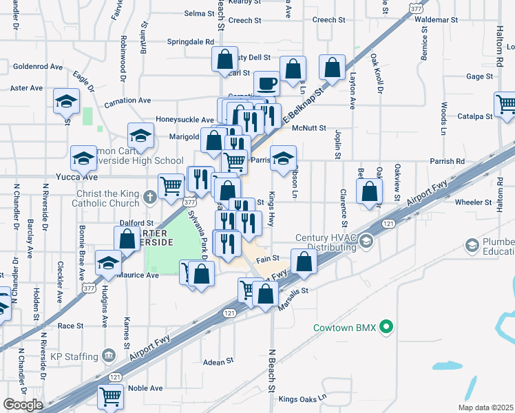 map of restaurants, bars, coffee shops, grocery stores, and more near 4020 Wheeler Street in Fort Worth