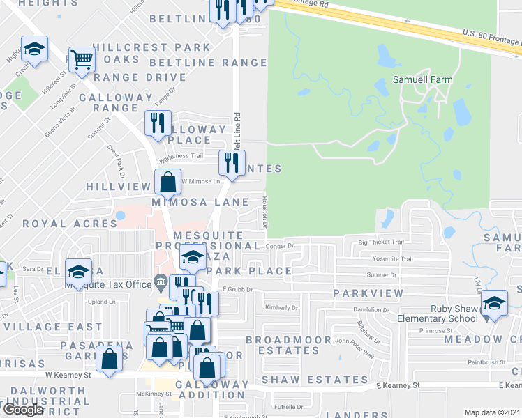 map of restaurants, bars, coffee shops, grocery stores, and more near 1161 Houston Drive in Mesquite