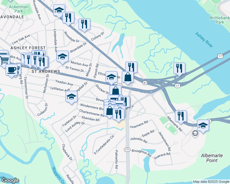 map of restaurants, bars, coffee shops, grocery stores, and more near 20 Stocker Drive in Charleston
