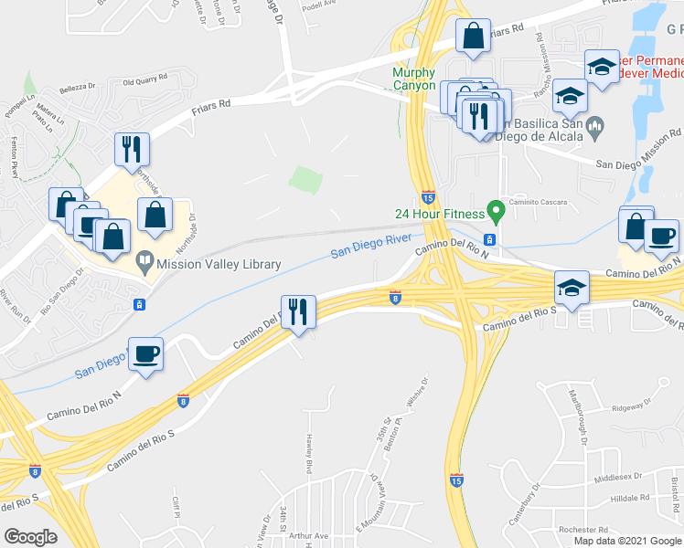 map of restaurants, bars, coffee shops, grocery stores, and more near 3570 Camino Del Rio North in San Diego