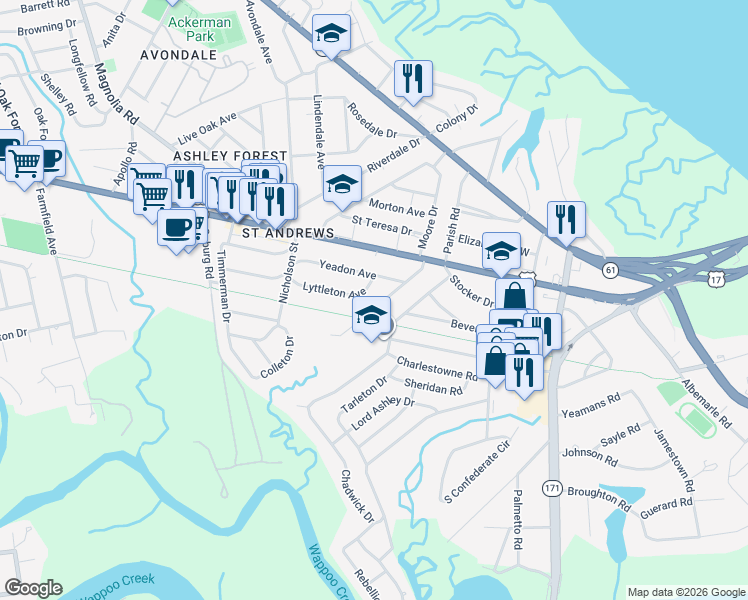 map of restaurants, bars, coffee shops, grocery stores, and more near 31 Campbell Drive in Charleston