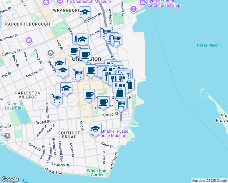map of restaurants, bars, coffee shops, grocery stores, and more near 191 East Bay Street in Charleston