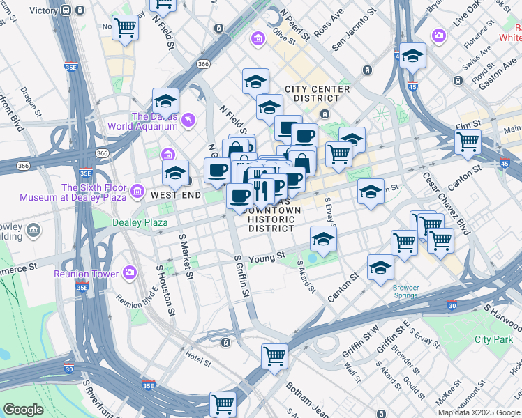 map of restaurants, bars, coffee shops, grocery stores, and more near in Dallas