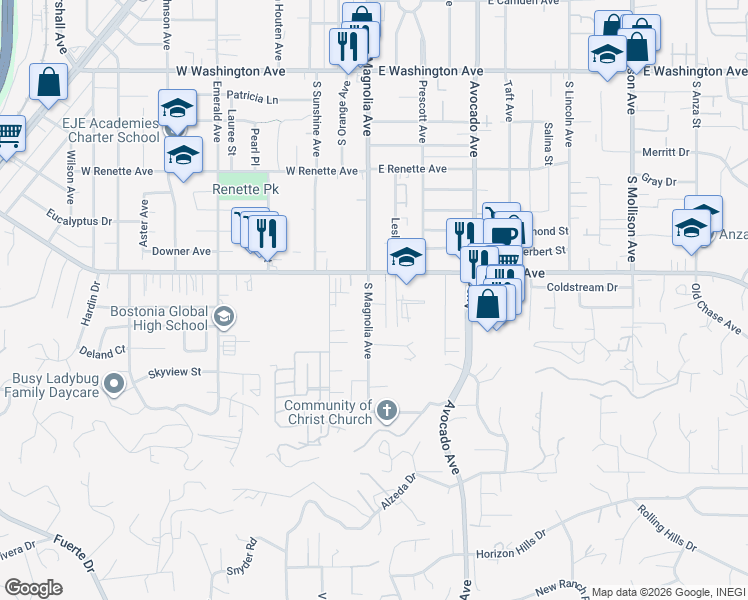 map of restaurants, bars, coffee shops, grocery stores, and more near 1130 South Magnolia Avenue in El Cajon