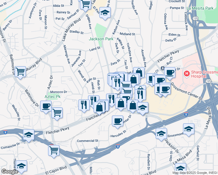 map of restaurants, bars, coffee shops, grocery stores, and more near 5535 Dugan Avenue in La Mesa
