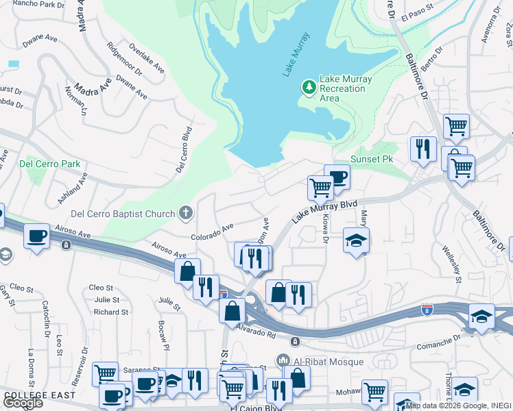 map of restaurants, bars, coffee shops, grocery stores, and more near 7001 Wyoming Avenue in La Mesa