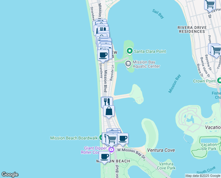 map of restaurants, bars, coffee shops, grocery stores, and more near 3578 Bayside Lane in San Diego