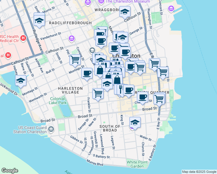 map of restaurants, bars, coffee shops, grocery stores, and more near 29 Archdale Street in Charleston