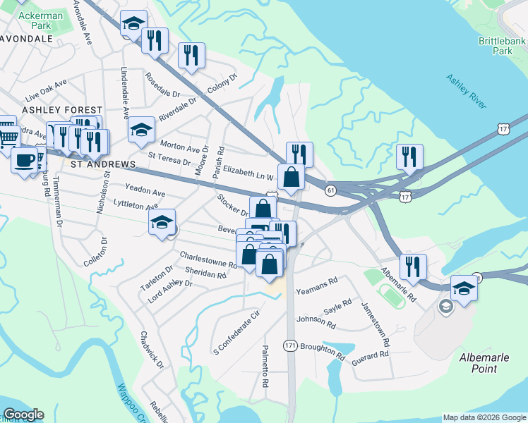 map of restaurants, bars, coffee shops, grocery stores, and more near 20 Stocker Drive in Charleston