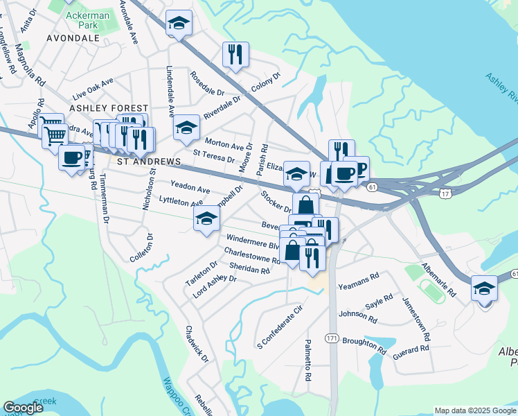map of restaurants, bars, coffee shops, grocery stores, and more near 42 Berkeley Road in Charleston