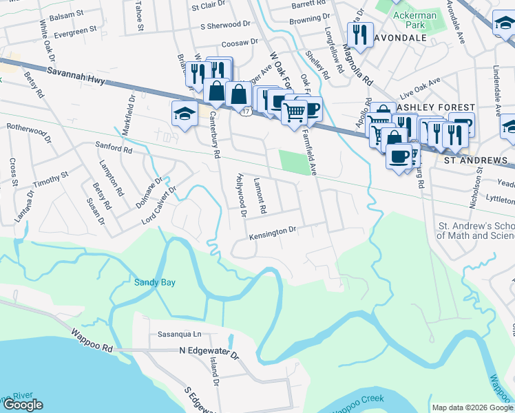 map of restaurants, bars, coffee shops, grocery stores, and more near 312 Lamont Road in Charleston