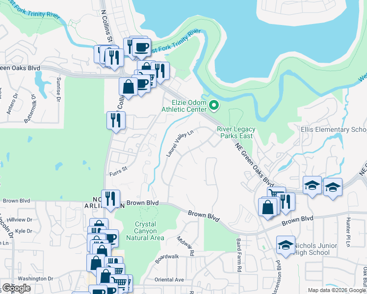 map of restaurants, bars, coffee shops, grocery stores, and more near 2705 Laurel Valley Lane in Arlington
