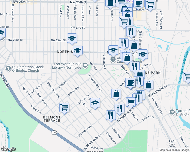 map of restaurants, bars, coffee shops, grocery stores, and more near 1624 Circle Park Boulevard in Fort Worth