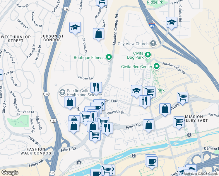 map of restaurants, bars, coffee shops, grocery stores, and more near 5789 Mission Center Road in San Diego