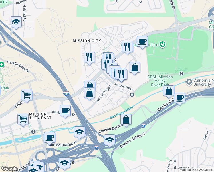 map of restaurants, bars, coffee shops, grocery stores, and more near 2356 Fenton Parkway in San Diego