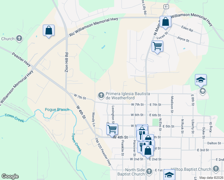 map of restaurants, bars, coffee shops, grocery stores, and more near 1705 Oliver Street in Weatherford