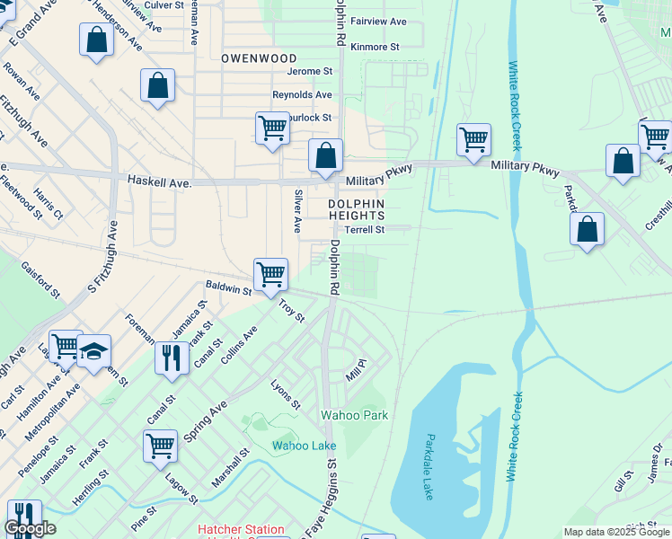 map of restaurants, bars, coffee shops, grocery stores, and more near 4634 Dolphin Road in Dallas
